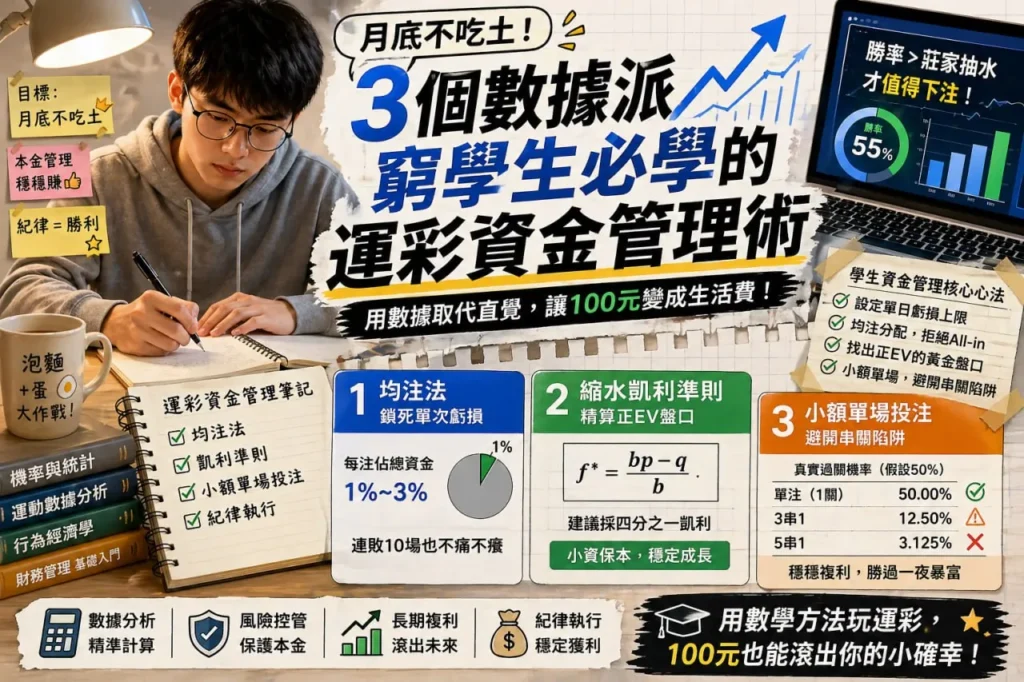 學生族運彩資金管理教學圖，整理均注法與小額投注策略