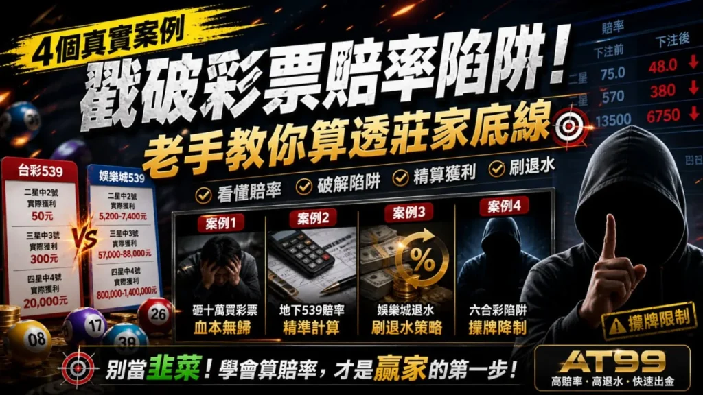 彩票賠率陷阱主題宣傳圖，展示真實案例、賠率計算與莊家控盤分析內容
