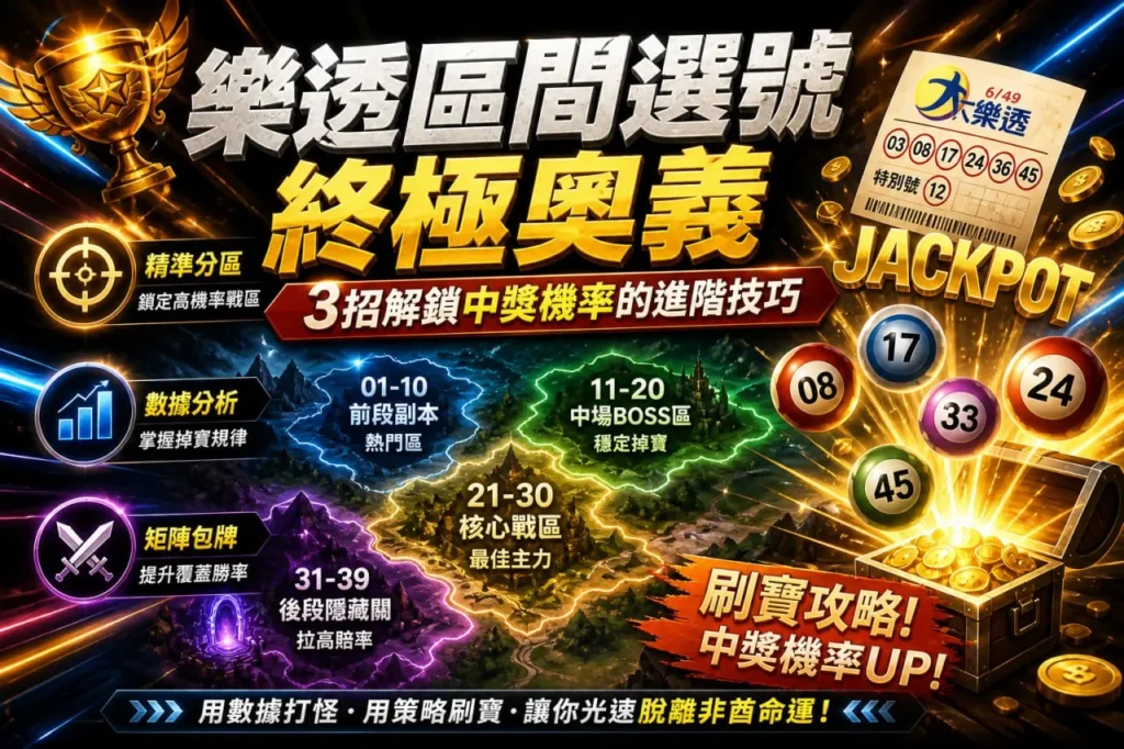 樂透區間選號終極奧義宣傳圖，展示高機率區段、數據分析與刷寶選號策略