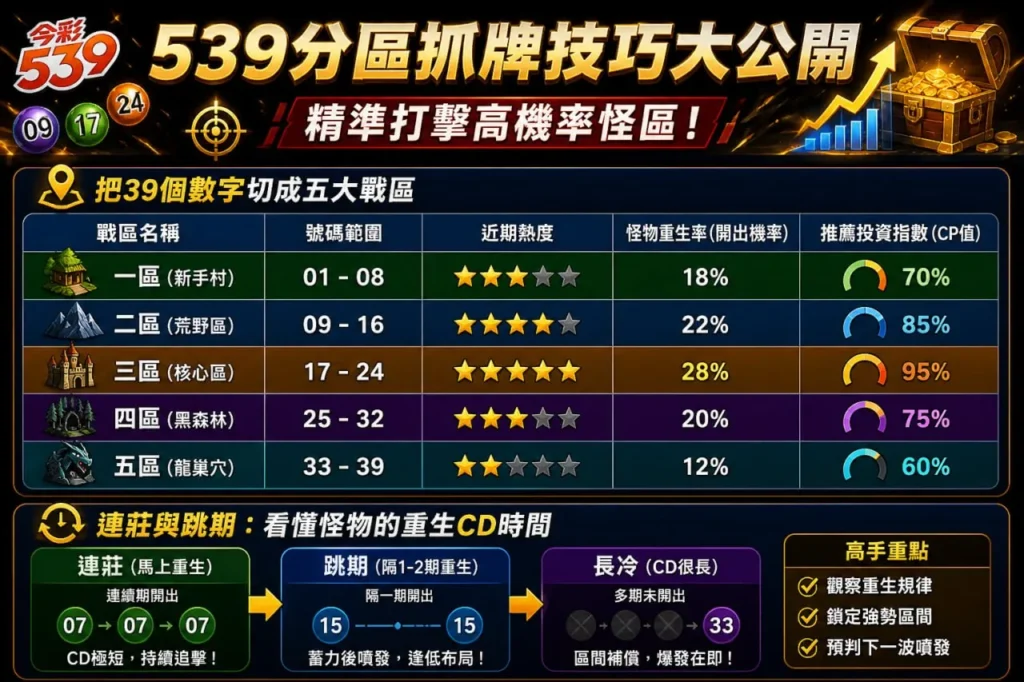 樂透區間選號技巧表格圖，整理539號碼分區、熱門區段與中獎機率分析