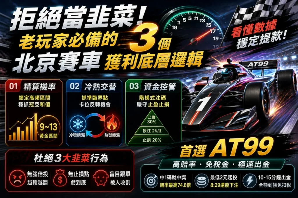 北京賽車獲利底層邏輯教學圖，解析精算機率、冷熱交替與資金控管技巧