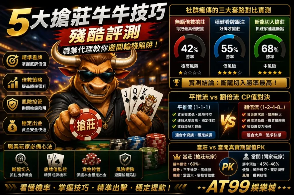 搶莊牛牛技巧評測圖，整理搶莊勝率、資金控管與倍率流派比較