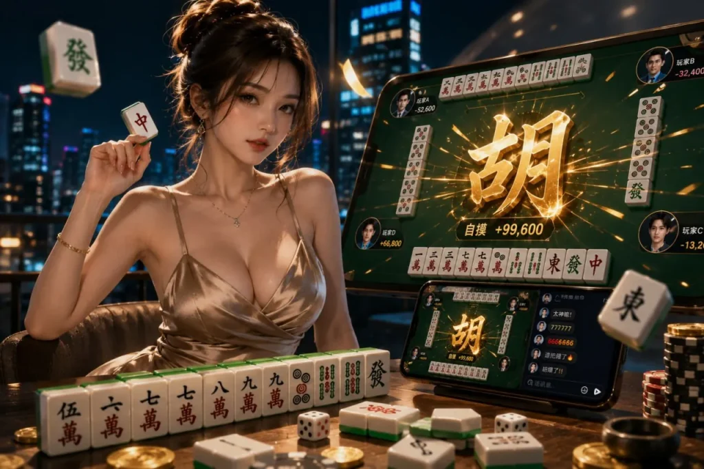 線上麻將真人對戰與胡牌獲勝畫面示意圖