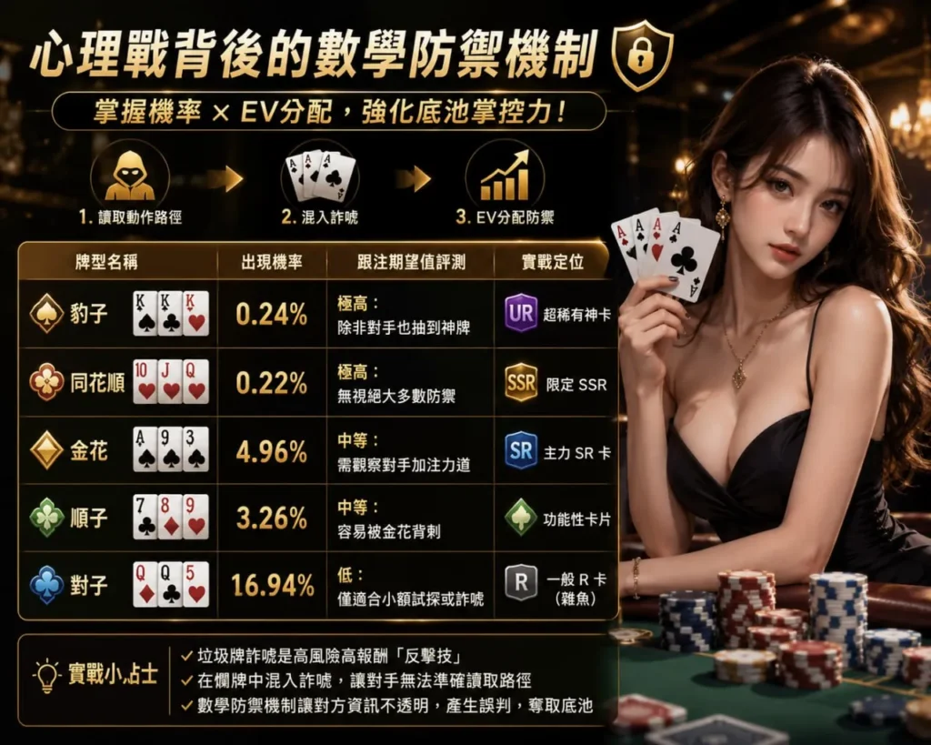 炸金花心理戰與牌型機率分析表，整理EV分配與實戰防禦策略
