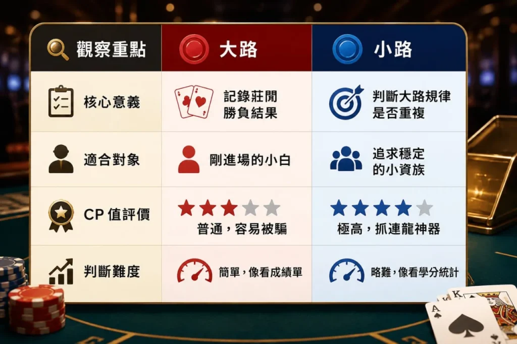 百家樂小路與大路比較圖，整理觀察重點、適合對象與判讀差異