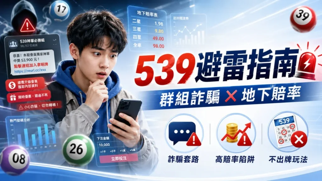 539彩票避雷指南主題圖片，解析539彩票詐騙群組與地下賠率常見陷阱