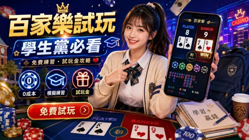 百家樂試玩主題宣傳圖，以學生族群為主角，結合模擬練習、試玩金與百家樂介面，介紹百家樂試玩平台與新手入門體驗。
