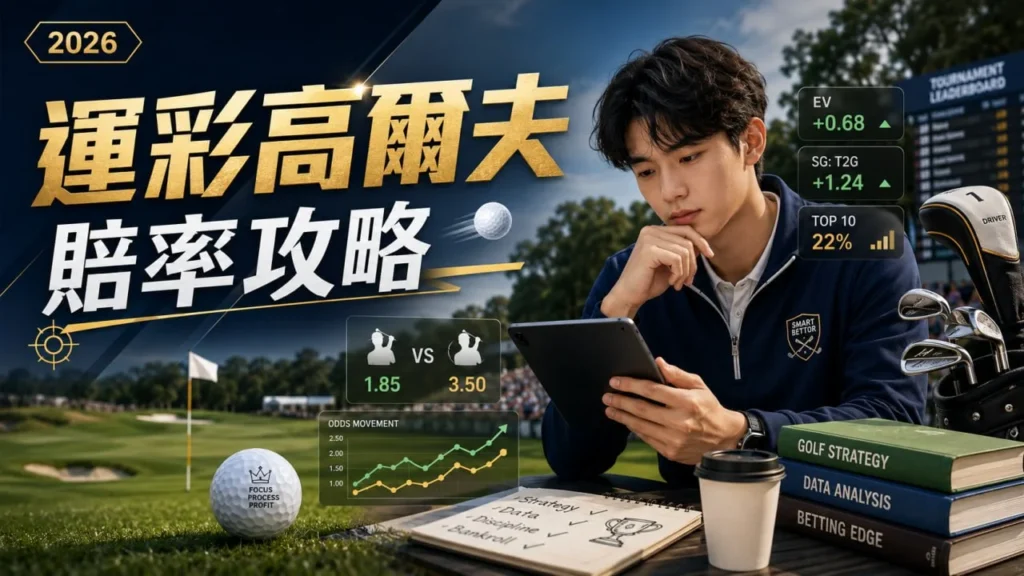 運彩高爾夫賠率攻略主題圖，一名玩家在高爾夫球場旁分析平板數據與賠率走勢，畫面呈現選手對戰賠率、數據分析及高爾夫投注策略資訊。