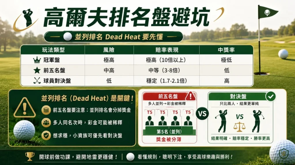 運彩高爾夫排名盤教學圖，解析冠軍盤、前五名盤與球員對決盤差異，並說明高爾夫並列排名（Dead Heat）規則與投注避坑重點。