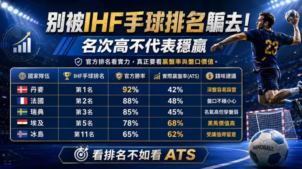 IHF手球排名比較圖，列出丹麥、法國、瑞典、埃及與冰島的官方勝率、實際贏盤率及盤口價值，提醒玩家別只看名次下注。