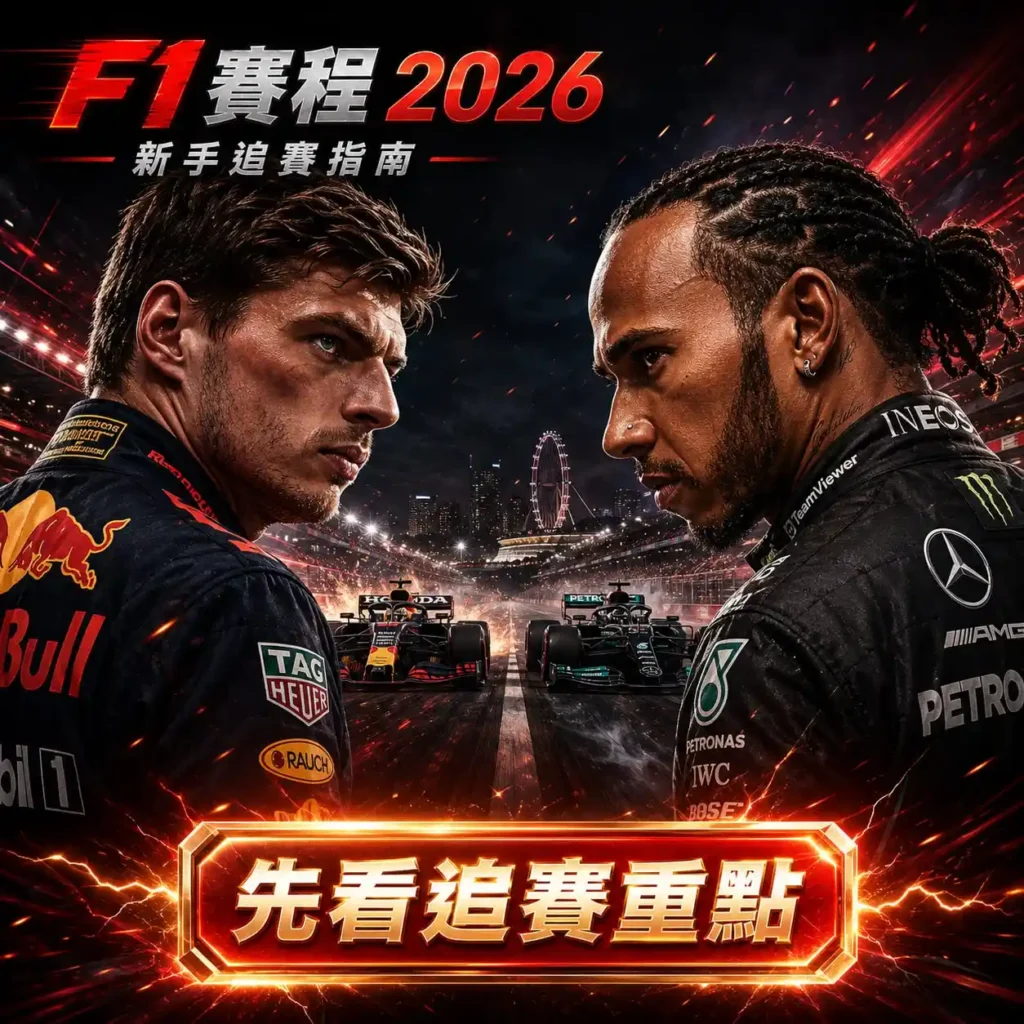 F1賽程2026追賽主視覺，呈現兩名F1車手對決與賽車競速場景