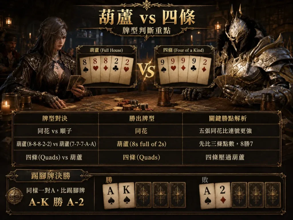 德州撲克牌型葫蘆四條與踢腳牌勝負判斷圖