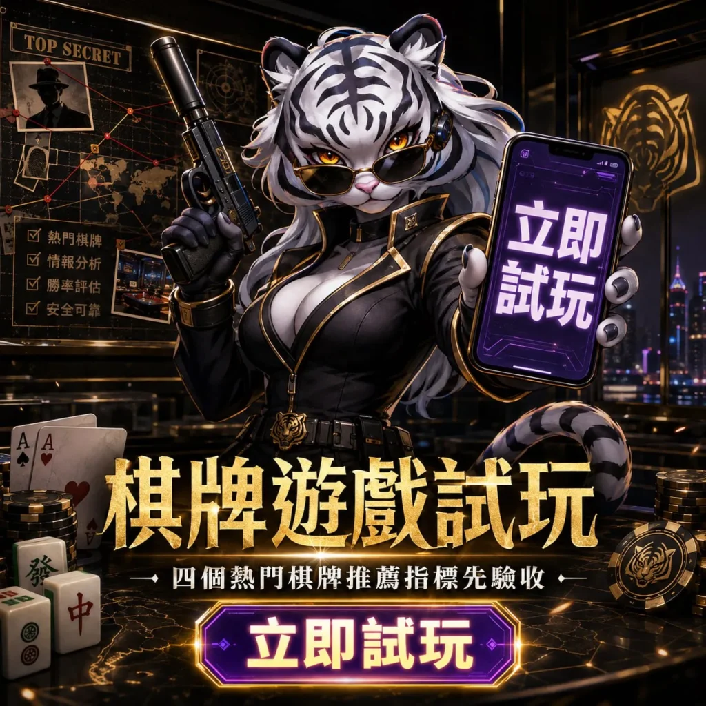 棋牌遊戲試玩封面圖，呈現手機立即試玩、熱門棋牌、安全評估與四大推薦指標主題