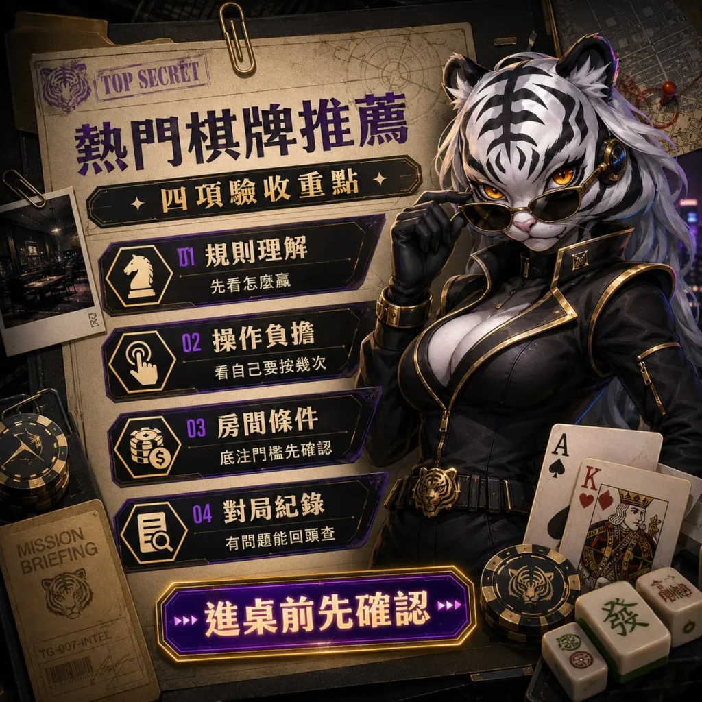 棋牌遊戲試玩平台挑選圖，整理規則理解、操作負擔、房間條件與對局紀錄四大熱門棋牌推薦指標