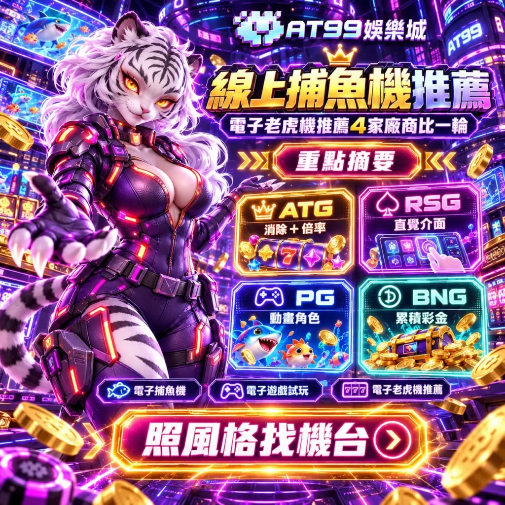 線上捕魚機推薦比較圖，AT99娛樂城整理ATG、RSG、PG、BNG四家廠商，介紹電子捕魚機與老虎機玩法特色。